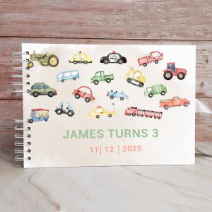 Custom Colourful Watercolor Cars Birthday Guest Book with Different Page Options