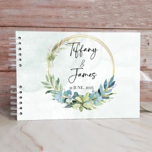 Custom Gold Frame Green Watercolour Wreath Wedding Guest Book with Different Page Options-No. 187