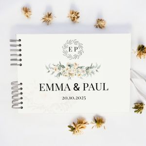 Custom Beige White Flower Wedding Guest Book with Different Page Options