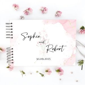 Custom Pink Minimalist Flora Wedding Guest Book with Different Page Options