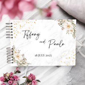 Custom White Flower and Gold Glitter Wedding Guest Book with Different Page Options