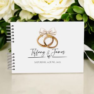 Custom White Ribbon and Golden Ring Wedding Guest Book with Different Page Options