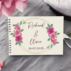 Custom Ivory Pink Floral Gold Frame Wedding Guest Book with Different Page Options