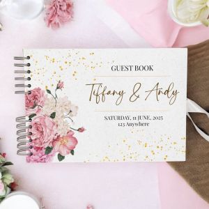 Custom Gold Glitter Pink White Flowers Wedding Guest Book with Different Page Options