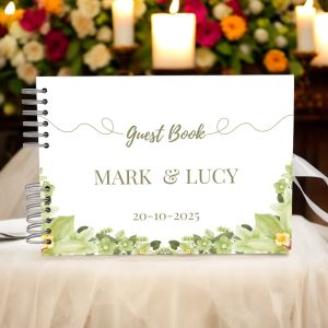 Custom Watercolour Green Flower Wedding Guest Book with Different Page Options-No. 184