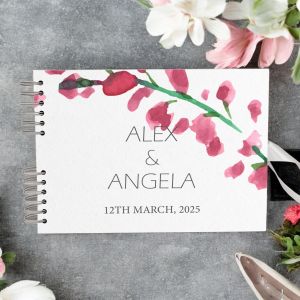 Custom Pink Grey Watercolour Flowers Wedding Guest Book with Different Page Options-No. 185