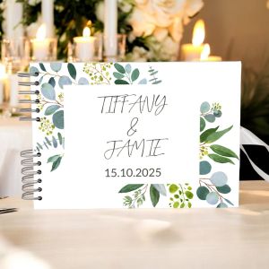 Custom Green Boho Eucalyptus Foliage Wedding Guest Book with Different Page Options-No. 186