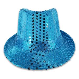 Sparkling Sequin Fedora Gangster Trilby Hat - Light Blue