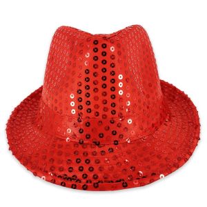 Sparkling Sequin Fedora Gangster Trilby Hat - Red