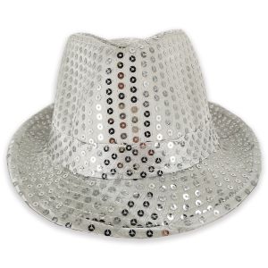 Sparkling Sequin Fedora Gangster Trilby Hat - Silver