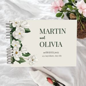 Custom Green Magnolia Floral Wedding Guest Book with Different Page Options-No. 192